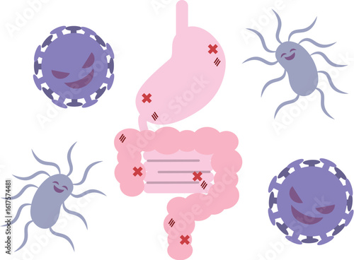 ウイルスと傷ついた胃腸のイラスト