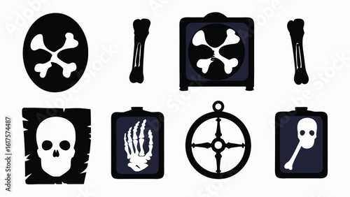 Pirate icon set in black and white, skull and crossbones symbols. EPS vector nautical danger signage for UI and print
