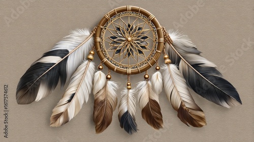 Decorative dreamcatcher with intricate floral-inspired design, surrounded by soft white, black, and brown feathers and shiny golden beads on a textured neutral background