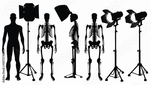 Vintage X-ray skeleton and studio lighting equipment silhouettes, black vector icons EPS for Halloween medical design