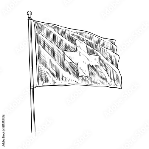 switzerland, swiss flag vector line art hand drawn illustration