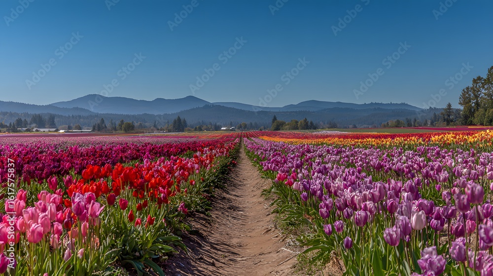 Obraz premium Colorful tulip field stretching towards a distant mountain range.
