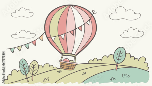 A cute cartoon illustration of a hot air balloon flying over a landscape with hills and trees, creating a whimsical and adventurous scene