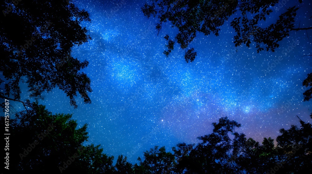 Naklejka premium Starry night sky through the silhouette of trees.