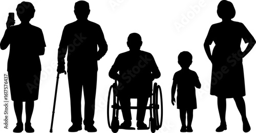 Vector silhouette of vector art of a diverse group of people silhouette including disabled and elderly