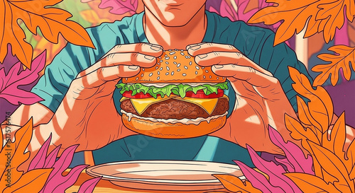 A man is eating a hamburger, surrounded by vibrant green leaves in the background.