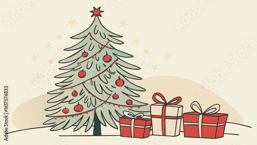 A festive christmas scene featuring a decorated tree with red ornaments and a star, accompanied by wrapped gifts, creating a cozy and nostalgic holiday atmosphere