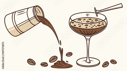 An illustration of an espresso martini being poured into a glass, showcasing the elegance and modern style of this caffeinated cocktail