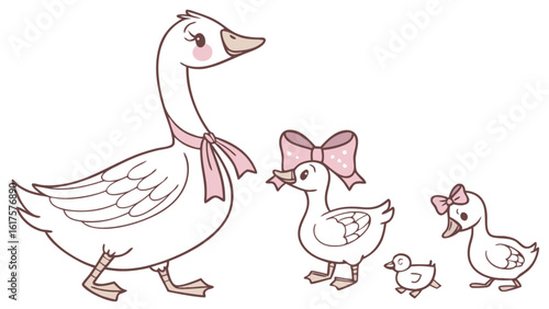 A charming illustration of a mother goose with her goslings, adorned with pink bows, creating a cute and tender family scene