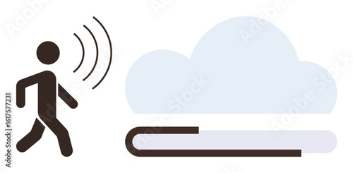 Person emitting sound waves near cloud and book, symbolizing communication, knowledge sharing, learning, networking, technology, online education, or connection. Ideal for simple flat metaphor