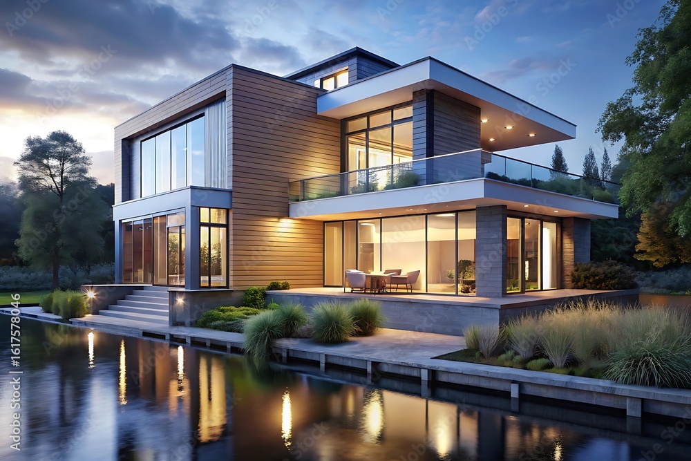 Fototapeta premium Large house with a pool and a large deck
