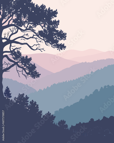 Serene mountain landscape with silhouetted pine tree and rolling hills in soft pastel colors