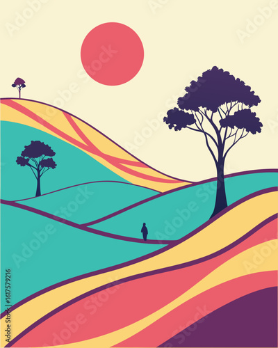 Stylized landscape with rolling hills trees and a solitary figure walking under a large red sun