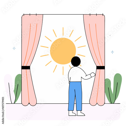 Person Revealing Sun by Pulling Yellow Curtain Illustration