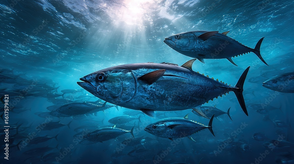 Fototapeta premium Dense silver school of streamlined tuna fish gliding through crystal-clear open ocean, synchronized movement against deep blue water