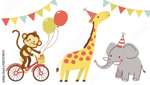 A festive birthday party scene with cartoon animals, balloons, and flags isolated on white background, perfect for childrens celebrations