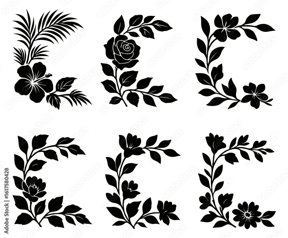 Obraz premium Black Silhouette Floral Corner Designs Collection illustration