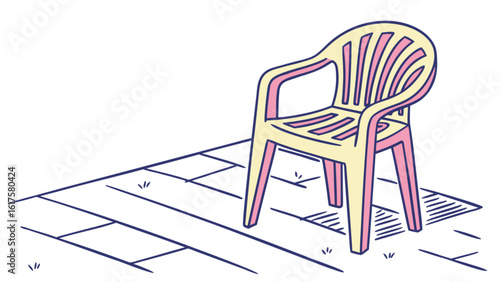 A plastic chair on a tiled patio, perfect for outdoor relaxation and summer leisure