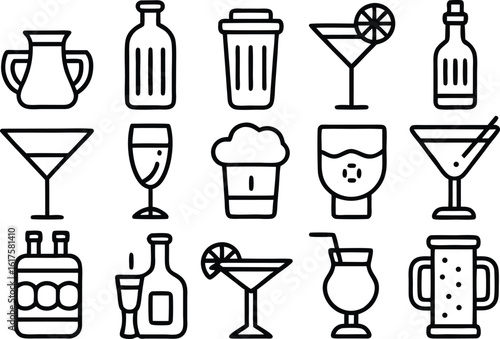 Collection of hand drawn outline icons representing various alcoholic and non alcoholic drinks