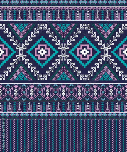 Folk embroidery cross stitch floral border pattern. Vector ethnic  floral seamless pattern. Folk floral embroidery pattern use for textile, home decoration elements, pixel, etc.