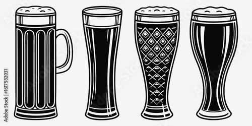Four tall glasses of dark beer with foam and different textures