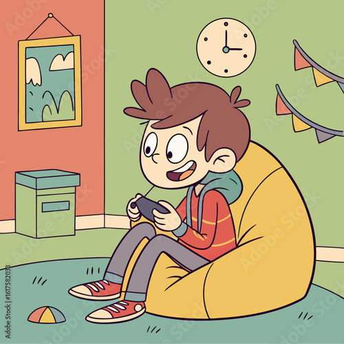 A boy sitting on beanbag chair holding game controller