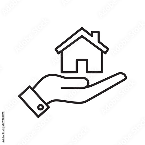 Real estate service icon with hand holding a house representing property ownership home insurance and mortgage agent support line vector stroke