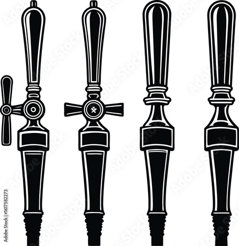 Four vintage beer taps in a row black and white illustration