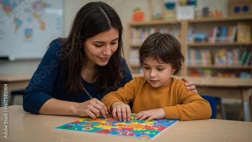 Woman and child working on a colorful puzzle at a table.