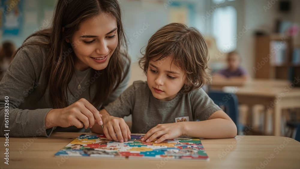Fototapeta premium Teacher and child working on a colorful puzzle.