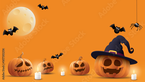 Halloween decoration theme orange background with 3D pumpkin Jack-O'-Lantern wearing witch Hat, bats, moon, candle and spider graphic illustration have blank space.
