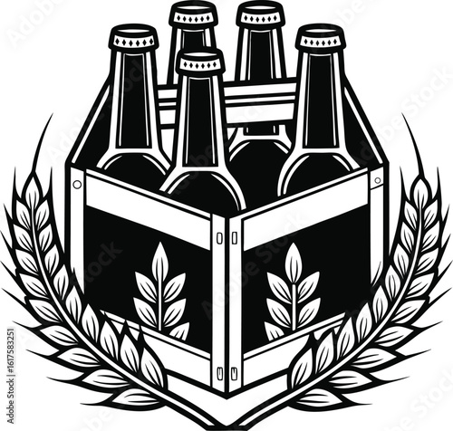 Six pack of beer bottles in a cardboard carrier with wheat stalks