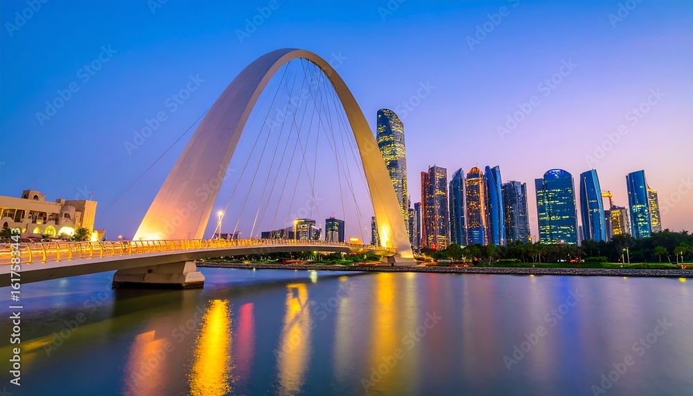 Naklejka premium Modern bridge over a calm waterway at dusk