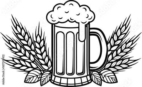 Stylized beer mug with wheat stalks and hops illustration