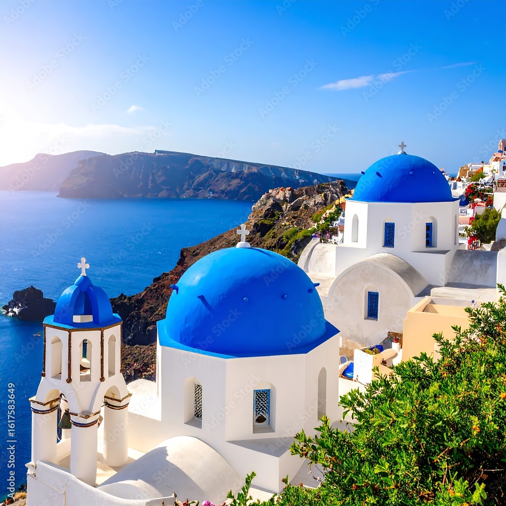 Obraz premium Aegean island churches with blue domes