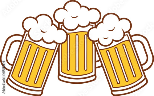 Three frothy beer mugs clinking together celebration toast