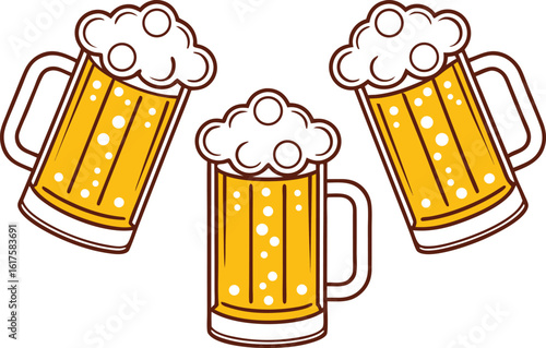 Three frothy beer mugs clinking together celebration