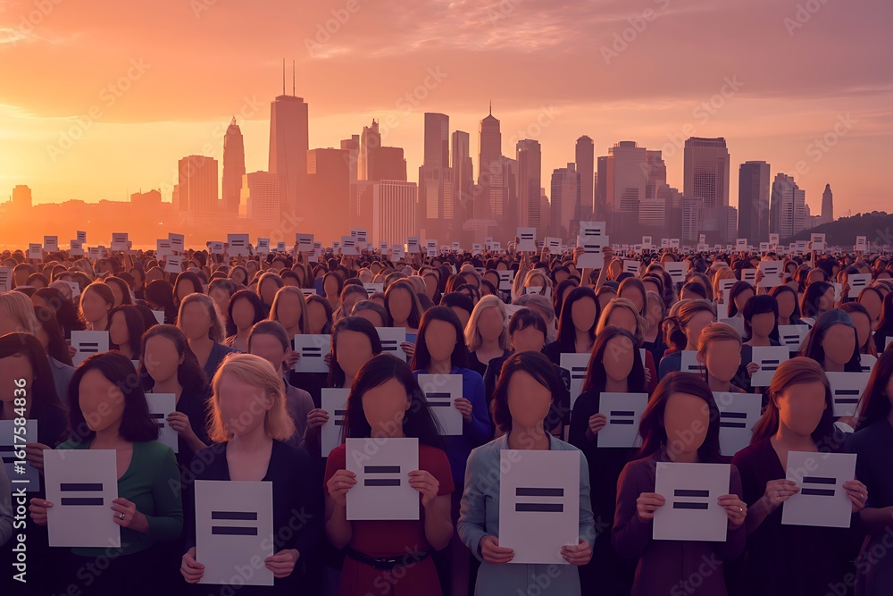 Obraz premium Powerful crowd advocating for equality with signs at stunning sunset city skyline backdrop creating social impact