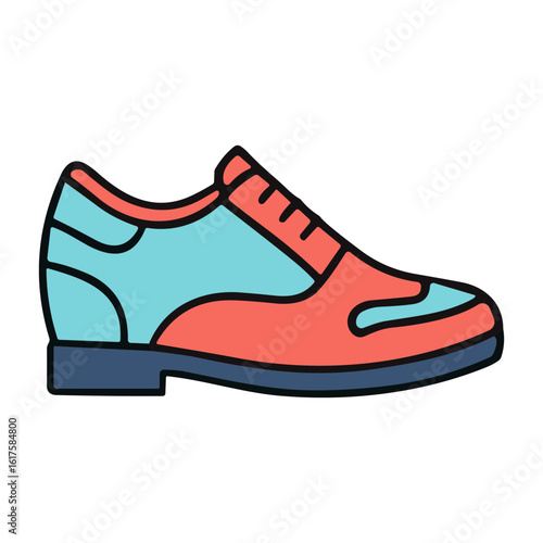 A colorful stylized illustration of a men's dress shoe, shown in a side profile with red and blue panels.