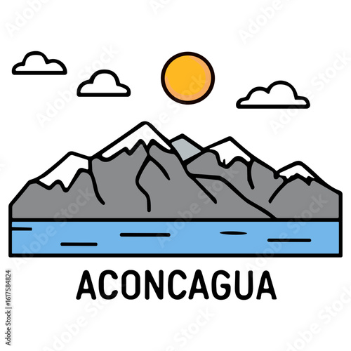 A stylized line art illustration of Aconcagua mountain with a lake, sun, and clouds.
