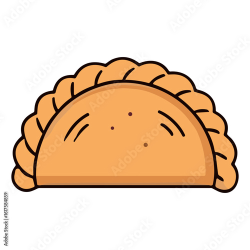 A cartoon illustration of a golden-brown empanada pastry with a traditional braided, crimped crust.