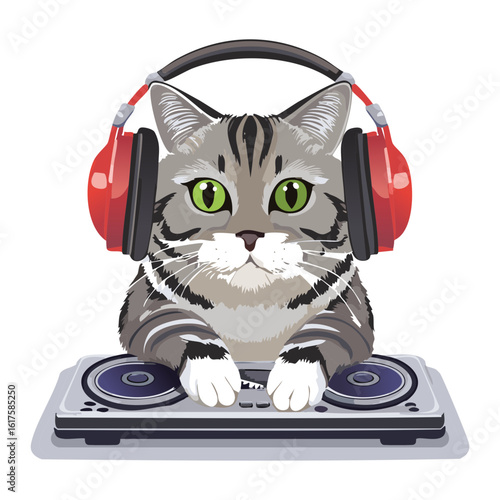 Adorable Cat Headphones Listening Boombox Illustration