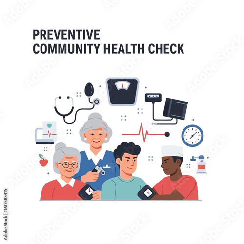 Illustration of diverse people getting preventive health checks, including blood pressure, heart rate, and weight, supervised by healthcare professionals.