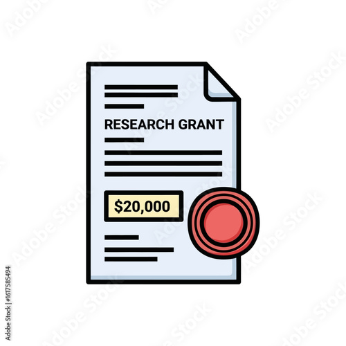 Illustration of a research grant document showing the title and a $20,000 amount, sealed with a red wax stamp.