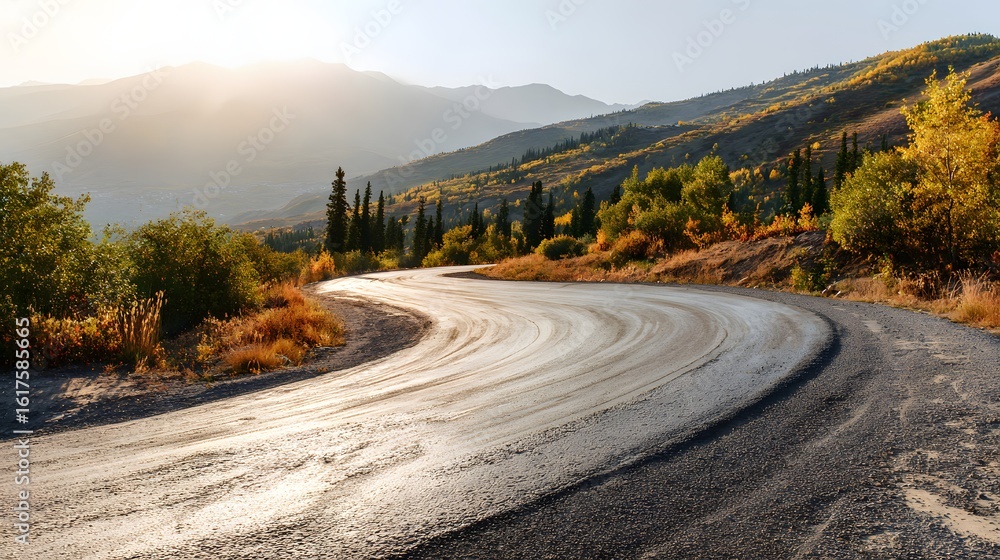 Fototapeta premium Winding mountain road at sunrise.