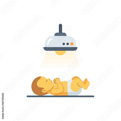 Illustration depicting a newborn baby receiving phototherapy treatment under a medical lamp.