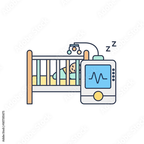 A baby sleeps peacefully in a crib, monitored by a medical device showing a heartbeat.