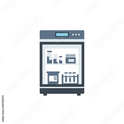Laboratory incubator with various supplies and containers inside.