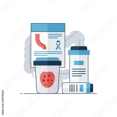 Medical illustration depicting colon cancer screening with test containers, a diagram, and awareness ribbon.