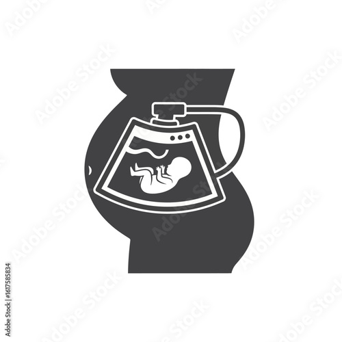 Silhouette of pregnant woman with ultrasound image of fetus.